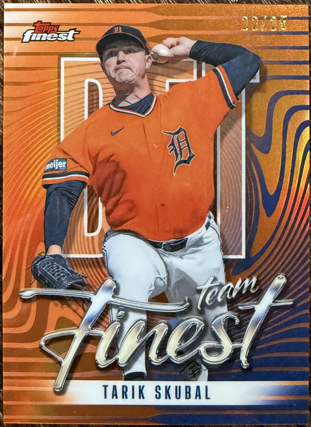 Orange 2026 Topps Finest Team Finest Tarik Skubal baseball card numbered to 25